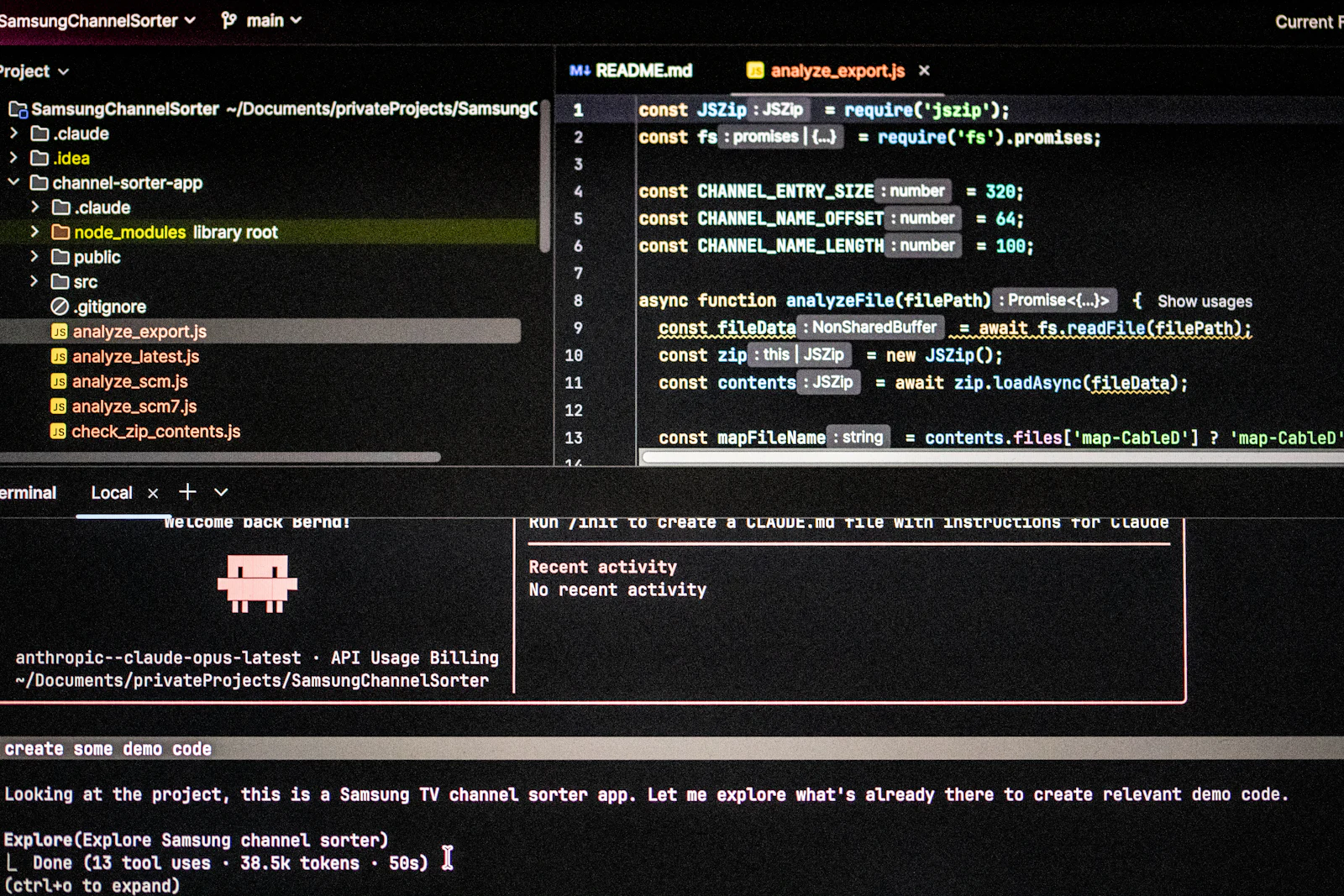 A development workspace showing code and connected project files